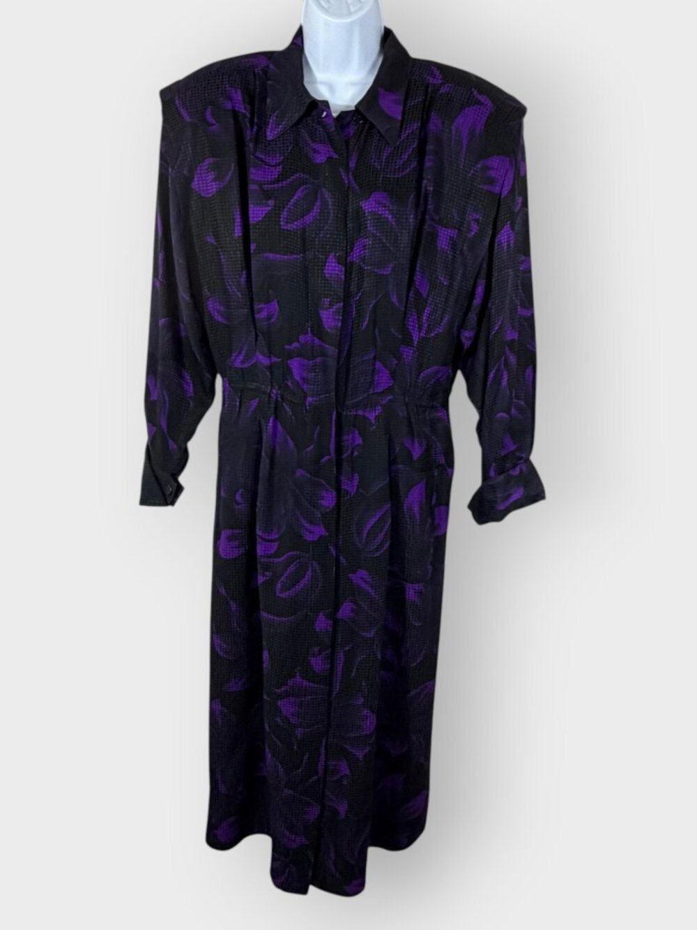 Vintage 80s Secretary Womens Blouson Dress | 12 | Purple Black Floral